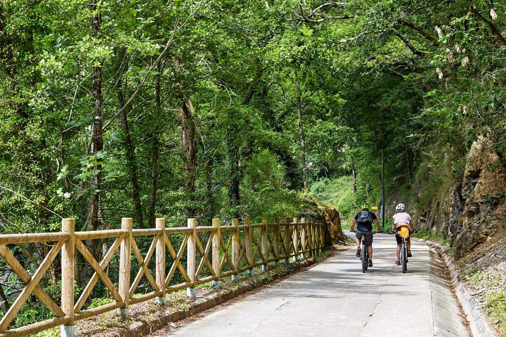 Dos ciclistas de espaldas por la vía verde del Bidasoa